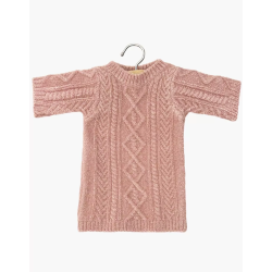 Robe Lena en tricot maille torsadé rose thé et son pochon