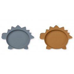 Assiette silicone Olivia - 2 pcs Dino blue wave/mustard mix